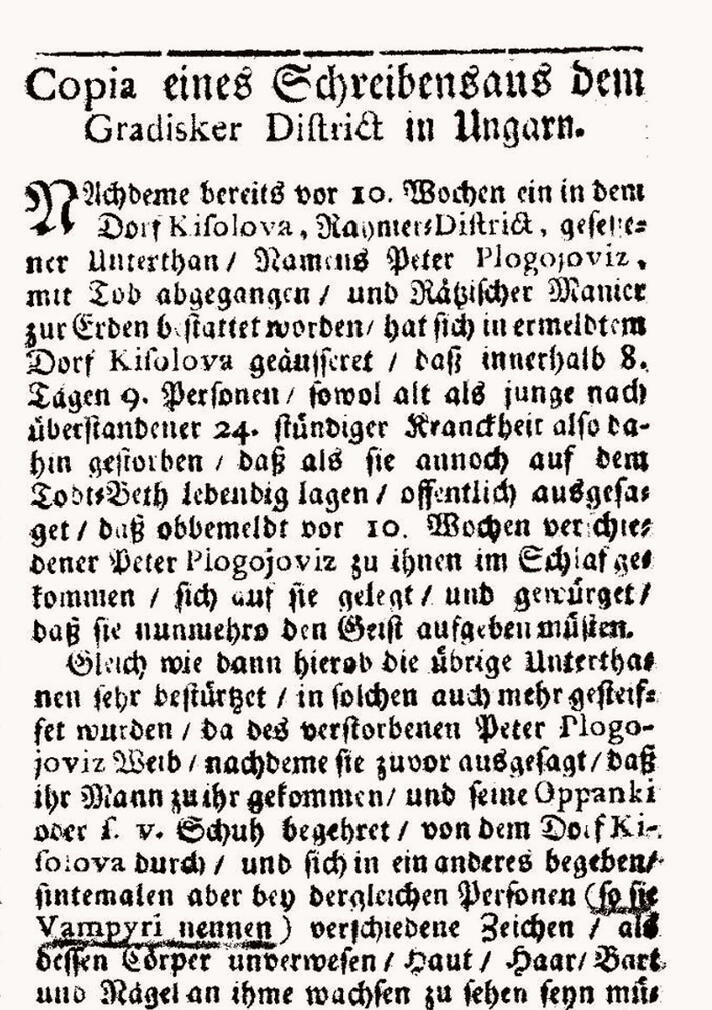 A letter to a scientific journal about vampires, from the early 1700s